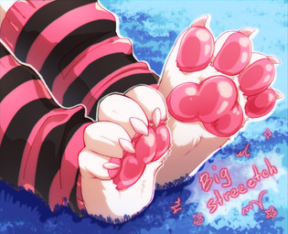 4_toes ambiguous_gender anthro claws clothing feet foot_shot fur glistening glistening_pawpads legwear pattern_clothing pattern_legwear pawpads paws pink_pawpads solo striped_clothing striped_legwear stripes text toe_claws toes white_body white_claws white_fur vallshad ambiguous_species 2026 colored digital_drawing_(artwork) digital_media_(artwork) english_text hi_res shaded