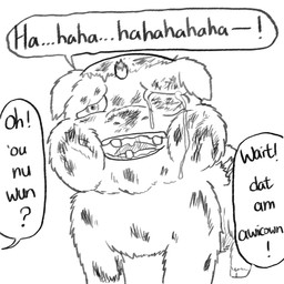 abuse ambiguous_feral ambiguous_fluids ambiguous_gender baby_talk bald broken_horn bruised bruised_eye dialogue ears_down feral front_view gore hooves horn laugh missing_wings one_eye_closed pained_expression pivoted_ears solo standing teeth text wounded young young_ambiguous young_feral yellowcottoncandy030 fluffy_pony fluffy_pony_(species) mammal 1:1 2025 digital_media_(artwork) english_text hi_res monochrome