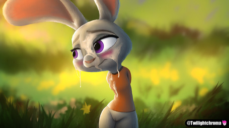 anthro big_ears big_eyes big_head biped blurred_background blush bodily_fluids bottomless bottomless_anthro bottomless_female breasts closed_smile clothed clothed_anthro clothed_female clothing countershade_face countershade_fur countershade_neck countershade_snout countershading cum cum_drip cum_on_clothing cum_on_face cum_on_shirt day dripping exposure_variation eyebrows eyelashes female female_anthro front_view fur genital_fluids genitals grass grey_body grey_ears grey_eyebrows grey_fur hands_behind_back humanoid_genitalia humanoid_vulva innie_vulva iris legs_together light light_body light_fur looking_aside looking_away mouth_closed multicolored_body multicolored_fur orange_clothing orange_inner_ear orange_shirt orange_topwear outside pink_blush plant pose pupils purple_eyes shirt shirt_only shy shy_smile small_breasts smile snout solo sunlight tan_nose text topwear topwear_only two_tone_body two_tone_fur vulva white_body white_countershading white_fur white_sclera white_text twilightchroma disney zootopia judy_hopps lagomorph leporid mammal rabbit 16:9 artist_name digital_media_(artwork) digital_painting_(artwork) english_description hi_res lighting painting_(artwork) pinup portrait shaded three-quarter_portrait widescreen