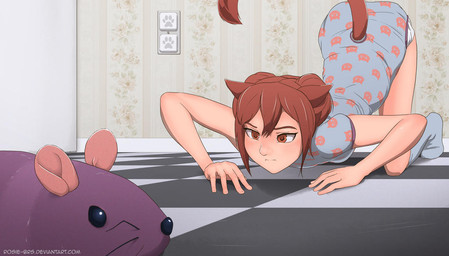 all_fours checkered checkered_floor clean_diaper clothed clothing diaper female footwear hair imminent_pounce onesie red_hair socks solo tail toy_mouse wearing_diaper blackroseseduction red_(bigred0603) felid feline humanoid mammal
