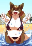 5_fingers anthro beach beach_background belly big_breasts bikini breasts brown_body brown_fur clothing countershade_torso countershading day dipstick_tail eyes_closed fangs female female_anthro fingers front_view fur huge_breasts markings navel open_mouth open_smile outside overweight overweight_anthro overweight_female partially_submerged reaching_towards_viewer sand smile solo swimwear swimwear_only tail tail_markings teeth two-piece_swimsuit water toonarscontent toffee_(toonarscontent) canid canine canis domestic_dog herding_dog mammal pastoral_dog welsh_corgi 2024 absurd_res digital_drawing_(artwork) digital_media_(artwork) hi_res portrait