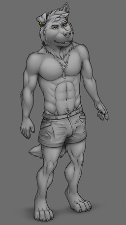 4_toes 5_fingers abs anthro athletic athletic_anthro athletic_male bottomwear cargo_shorts clothed clothing digitigrade_paws ear_flop ear_piercing ear_ring eyebrow_piercing facial_piercing feet fingers grin grinning_at_viewer looking_at_viewer male orange_eyes partially_clothed piercing ring_piercing shorts simple_background smile smiling_at_viewer solo standing three-quarter_view toes topless topless_anthro topless_male rekkidoggo ethan_foster canid canine canis domestic_dog mammal 4k 9:16 absurd_res digital_media_(artwork) greyscale hi_res monochrome shaded