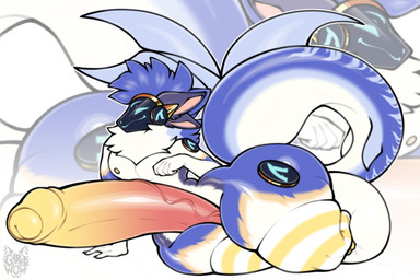4_ears anthro balls big_balls big_butt big_penis blue_body blue_fur butt clothed clothing foreskin fur genitals glistening glistening_body glistening_genitalia glistening_penis gold_(metal) huge_balls huge_butt huge_penis humanoid_genitalia humanoid_penis hyper hyper_balls hyper_genitalia hyper_penis legwear machine male markings multi_ear multicolored_body multicolored_fur nipples penis protogen_visor shark_tail solo stockings striped_body striped_fur striped_markings stripes tail vein veiny_penis white_body white_fur yellow_body yellow_fur garedwolf aquatic fish hybrid protogen shark 3:2 absurd_res hi_res