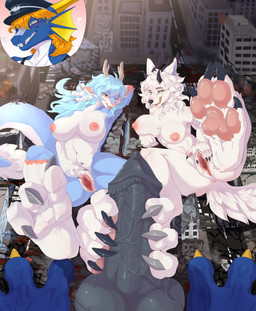 anthro areola big_breasts blush breasts building building_destruction destruction erection feet female first_person_view fur genitals group hair horn macro male male/female nipples nude penis smile tail thick_thighs trio vulva kockroach mythology dragon_enigma vente_hiemalis_(character) wuming canid canine canis dragon mammal mythological_creature mythological_scalie scalie wolf hi_res