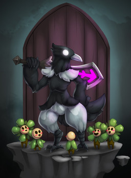 ambiguous_gender anthro beak biped black_body door feathers feet group holding_melee_weapon holding_object holding_sword holding_weapon looking_at_another melee_weapon mouth_closed open_mouth open_smile smile standing sword tail tail_feathers talons toes weapon white_body white_eyes azura_inalis death's_door avian bird corvid corvus_(genus) crow oscine passerine 2021 absurd_res hi_res