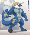 abs anthro armor biceps big_biceps biped blue_body blue_skin facial_hair featureless_crotch fin fist flippers fur hair horn male muscular muscular_anthro muscular_arms muscular_legs muscular_male muscular_thighs mustache neck_tuft open_mouth palette pecs plate_armor pokemorph red_nose serratus solo spikes tail tongue tuft war_fan whiskers white_body white_fur white_hair valentinesartx nintendo pokemon eurasian_otter generation_5_pokemon giant_otter hybrid lutra mammal marine mustelid otter pinniped pokemon_(species) river_otter samurott sea_lion hi_res