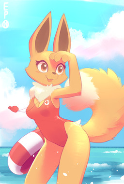 4_fingers anthro anthrofied breasts brown_body brown_eyes brown_fur brown_tail clothed clothed_anthro clothed_female clothing cloud day female fingers front_view fur holding_object lifeguard lifeguard_swimsuit medium_breasts neck_tuft one-piece_swimsuit open_mouth open_smile outside pokemorph sea sky smile solo standing swimwear tail teeth thick_thighs tongue tuft water whistle_(object) wide_hips b-epon nintendo pokemon eevee generation_1_pokemon pokemon_(species) 2025 digital_media_(artwork) hi_res