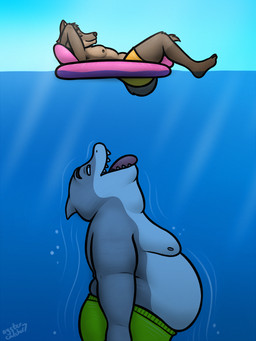 anthro belly big_belly brown_body brown_fur duo fur grey_body grey_skin imminent_vore male overweight overweight_male parody pool_float swimming teeth tongue tongue_out oystercatcher7 dreamworks jaws_(film) the_bad_guys universal_studios mr._shark_(the_bad_guys) mr._wolf_(the_bad_guys) canid canine canis fish mammal marine shark wolf 3:4 absurd_res hi_res