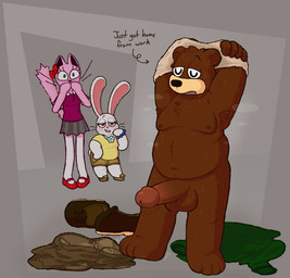 anthro balls belly big_balls big_belly big_penis bite biting_lip biting_own_lip blush bodily_fluids bottomwear bow_ribbon brown_body brown_fur chest_tuft clothed clothing erection female fluffy fluffy_tail footwear fur genitals group humanoid_hands jacket male mary_janes moobs nipples nude overweight overweight_anthro overweight_male pants paws penis pink_body pink_fur puffed_tail raised_arm self_bite shirt shoes shoes_removed shorts simple_background skirt steam steaming_body sweat tail text topwear trio tuft undressing undressing_self whiskers white_body white_fur vexedcalyx background_character bear felid feline lagomorph mammal 2025 character_request colored digital_drawing_(artwork) digital_media_(artwork) english_text hi_res
