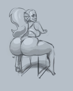 anthro big_butt breasts butt butt_focus clothed clothing female fin hair leotard long_hair looking_at_viewer looking_back ponytail presenting presenting_hindquarters sitting smile solo thick_thighs putricia undertale undertale_(series) undyne animal_humanoid aquatic fish humanoid greyscale hi_res monochrome