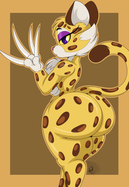 anthro big_breasts big_butt breasts brown_body brown_fur brown_spots butt chest_tuft claws countershading curvy_figure dipstick_tail eyelashes eyeshadow female fur gloves_(marking) hourglass_figure huge_butt long_claws long_tail looking_at_viewer looking_back makeup markings multicolored_body multicolored_fur nude purple_eyes purple_nose raised_tail small_waist solo spots spotted_body spotted_fur standing tail tail_markings thick_thighs tuft voluptuous white_body white_fur wide_hips yellow_body yellow_fur yellow_sclera nr_ac kirby_(series) nintendo clawroline felid leopard mammal pantherine 2022 absurd_res hi_res signature