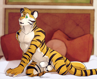 anthro bed bodily_fluids chastity_cage chastity_cage_only chastity_device chastity_device_only cum cum_drip dripping flaccid furniture genital_fluids genitals green_eyes lock looking_at_viewer male nude over_sheath_chastity_cage padlock penis pillow pose precum precum_drip sheath_chastity_cage solid_chastity_cage solo stripes translucent translucent_chastity_cage wearing_chastity_cage wearing_chastity_device no_swift felid mammal pantherine tiger