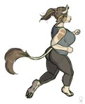 anthro big_breasts black_bottomwear black_clothing black_pants bottomwear breasts brown_hair brown_tail clothed clothing female green_eyes grey_clothing grey_topwear hair huge_breasts jogging logo narrowed_eyes open_mouth pants side_view simple_background solo tail tan_body topwear white_background milk-jug milky_(milk-jug) bovid bovine cattle mammal artist_logo hi_res