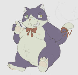 3_toes 4_fingers accessory anthro belly big_belly black_body black_fur body_hair bow_ribbon bow_tie claws clenched_teeth dipstick_tail eyelashes eyewear featureless_crotch feet finger_claws fingers front_view fur furgonomics glasses grey_background grin happy_trail inner_ear_fluff lidded_eyes male markings moobs mostly_nude multicolored_body multicolored_fur navel nipples no_pupils obese obese_anthro obese_male open_mouth open_smile overweight overweight_anthro overweight_male pawpads paws pink_nipples pink_nose pink_pawpads raised_tail red_bow_tie ribbons round_glasses sharp_teeth short simple_background smile tail tail_accessory tail_bow tail_markings tail_ribbon tan_body tan_fur teeth thick_thighs three-quarter_view toe_claws toes tuft two_tone_body two_tone_fur wearing_glasses x_navel yellow_eyes cafongterua domestic_cat felid feline felis mammal 2025 character_request digital_media_(artwork) flat_colors full-length_portrait portrait