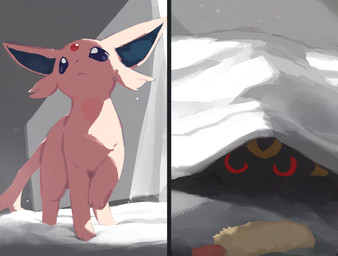 acting_like_a_cat all_fours ambiguous_gender bed_sheet bedding black_body black_fur blue_sclera duo feral forehead_gem fur gem looking_at_viewer pink_body pink_fur under_covers olyester nintendo pokemon eeveelution espeon generation_2_pokemon pokemon_(species) umbreon 2025