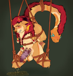 bdsm bodily_fluids bondage bound genital_fluids genitals hands_tied horn humiliation living_tail male muscular muscular_male penis restraints rope rope_bondage rope_harness snake_tail tail unusual_anatomy unusual_genitalia unusual_penis unusual_tail urine watersports rvtt shinzaro_redmane chimera chimera_dragon reptile scalie snake absurd_res hi_res