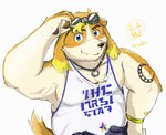 anthro biceps blonde_hair clothing eyewear eyewear_on_head goggles goggles_on_head hair male shirt slightly_chubby smile solo tank_top tattoo topwear 11768hoshi lifewonders live_a_hero hisaki_(live_a_hero) canid canine canis domestic_dog mammal