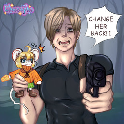 5_fingers alternate_species anthro bangs bent_arm big_ears black_clothing black_nose black_shirt black_topwear blonde_eyebrows blonde_hair blue_eyes bottomwear brown_clothing brown_footwear brown_shoes clothed clothed_human clothed_male clothing dialogue duo extreme_size_difference eye_through_hair eyebrow_through_hair eyebrows eyelashes featureless_hands female female_anthro fingers footwear forest forest_background fur furrification green_bottomwear green_clothing green_skirt gun hair handgun holding_another holding_cheese holding_gun holding_handgun holding_object holding_pistol holding_ranged_weapon holding_weapon larger_human larger_male light long_tail male male_human medium_hair mouth_closed muscular muscular_human muscular_male nature nature_background number open_mouth orange_clothing orange_sweater orange_topwear outside pattern_bottomwear pattern_clothing pattern_skirt pecs pistol plaid plaid_bottomwear plaid_clothing plaid_skirt plant pointing_gun_at_viewer ranged_weapon red_tongue round_ears shirt shoes short_hair size_difference skirt smaller_anthro smaller_female sparkles speech_bubble sweater tail tan_body tan_skin teeth text tight_clothing tight_shirt tight_topwear tongue topwear translucent translucent_hair tree weapon white_body white_fur white_tail yelling yelling_at_viewer glossopho capcom resident_evil ashley_graham leon_kennedy moushley human mammal mouse murid murine rodent 2024 artist_name colored digital_drawing_(artwork) digital_media_(artwork) english_description english_text lighting shaded