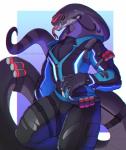 anthro big_pecs bottomwear chromatic_aberration claws clothing grey_body grey_skin looking_at_viewer male muscular muscular_anthro muscular_male pants pecs red_eyes simple_background snake_hood solo standing tactical tail tongue tongue_out torn_clothing zipper qwertydragon blizzard_entertainment overwatch soldier_76_(overwatch) cobra reptile scalie snake absurd_res hi_res