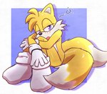 2_tails clothing folded footwear half-closed_eyes male multi_tail narrowed_eyes open_mouth simple_background sitting sitting_on_ground socks solo tail tired yawn onechan sega sonic_the_hedgehog_(series) miles_prower