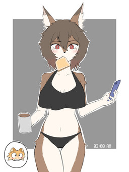 anthro beverage blood bodily_fluids bra bread brown_hair cellphone clothing coffee duo electronics female food hair male male/female nosebleed phone shy smartphone training_bra underwear oilminea background_character min_(oilminea) tennie_(oilminea) canid canine domestic_cat felid feline felis fox mammal absurd_res hi_res