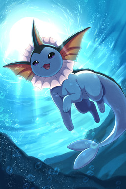 3_toes ambiguous_feral ambiguous_gender blue_body blue_fin blue_tail bubble day digitigrade ear_fins feet feral fin frill_(anatomy) head_fin light looking_down neck_frill open_mouth open_smile outside paws pink_tongue purple_eyes quadruped smile solo sunlight tail tail_fin thick_tail toes tongue underwater water yellow_fin rumine nintendo pokemon aquatic eeveelution generation_1_pokemon pokemon_(species) vaporeon 2026 2:3 hi_res lighting shaded