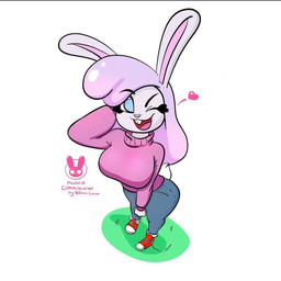 anthro blue_eyes bottomwear clothing denim denim_bottomwear denim_clothing female footwear fur jeans long_ears looking_at_viewer one_eye_closed pants purple_body purple_fur shoes simple_background smile sneakers solo sweater topwear turtleneck white_background wink winking_at_viewer plushii_b lavender_buns lagomorph leporid mammal rabbit 1:1