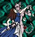 anthro anthrofied duo female knife male uhoh blackmoonrose13 alice_in_wonderland american_mcgee's_alice alice_liddell cheshire_cat cheshire_cat_(mcgee) cheshire_cat_(species) domestic_cat felid feline felis human mammal