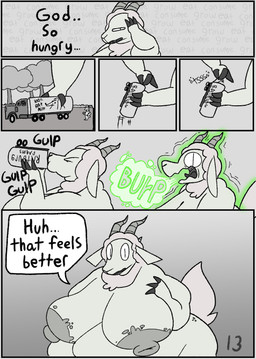anthro areola big_areola big_breasts big_butt big_nipples blotchy_areola breasts burping butt dialogue duo fingers fur growing growth hooved_fingers hooves horn horn_growth huge_areola huge_breasts huge_butt huge_nipples large_male larger_male macro male milk nipple_dip nipples nude_anthro nude_male obese obese_anthro obese_male onomatopoeia overweight overweight_anthro overweight_male size_difference sound_effects speech_bubble text weight_gain wool_(fur) wool_hair living_lupis shawn_(living_lupis) bovid caprine kaiju mammal monster sheep 2025 absurd_res black_and_white comic digital_media_(artwork) english_text hi_res monochrome