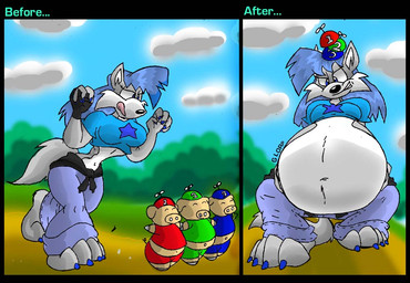 after_vore anthro belly big_belly blue_clothing blue_hair blue_shirt blue_topwear bottomwear clothing denim denim_bottomwear denim_clothing female female_pred group hair jeans outside overweight pants shirt simple_background topwear vore virus-20 wendy_wolf_(virus-20) canid canine canis domestic_pig mammal suid suine sus_(pig) wolf 2007