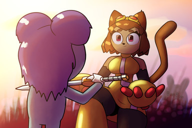 anthro brown_body brown_fur brown_hair dramatic_lighting duo female field fur grass hair holding_object holding_weapon kneeling long_tail melee_weapon plant purple_body purple_hair sky skyscape sunset sword tail text tombstone toony weapon guak adult_swim cartoon_network come_and_learn_with_pibby gameoverse glitch_productions kit_(gameoverse) pibby_(pibby) felid feline humanoid mammal 3:2 hi_res