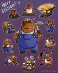 aircraft angry anthro armor belly bottomwear brown_body clothing cooking duo eyes_closed flower hard_hat hat headgear headwear helicopter helmet male musical_note musical_symbol overalls overweight overweight_male plant shirt shorts sitting solo straw_hat suit symbol text topwear vehicle marimosgoldfish animal_crossing nintendo don_resetti mr._resetti eulipotyphlan mammal mole_(animal) 2023 absurd_res english_text hi_res