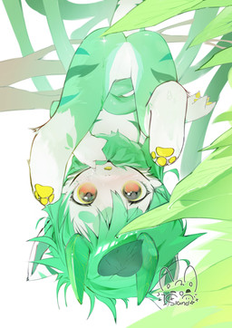 ambiguous_gender anthro butt digitigrade eyelashes featureless_crotch fur green_body green_fur green_hair green_horn hair hanging_from_branch horn leaf looking_at_viewer open_mouth outside pawpads plant simple_background solo trapped tree upside_down vines water_on_face white_body white_fur yellow_eyes yellow_pawpads ketchup_coke elemental_creature elemental_humanoid flora_fauna humanoid plant_humanoid 2025 absurd_res hi_res watermark