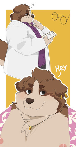 anthro brown_body brown_fur clothing ear_piercing eyewear fur glasses jewelry male necklace nipples overweight overweight_male piercing ring scientist solo haoming quantum_love_theory dominic_(quantum_love_theory) canid canine mammal hi_res