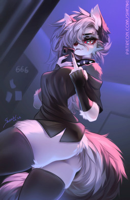 anthro armwear black_clothing black_shirt black_topwear bottomless bottomless_anthro cellphone clothed clothing collar elbow_gloves electronics eyebrow_piercing eyelashes facial_piercing female fur gesture gloves grey_hair hair hand_gesture handwear holding_cellphone holding_object holding_phone holding_smartphone legwear looking_at_viewer middle_finger narrowed_eyes phone piercing red_sclera selfie shirt small_waist smartphone solo spiked_collar spikes standing tail text thigh_highs topwear white_body white_eyes white_fur shenki hellaverse helluva_boss mythology loona_(helluva_boss) canid canid_demon canine demon hellhound mammal mythological_canine mythological_creature 2026 dated digital_media_(artwork) hi_res signature url