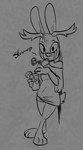 2024 2_horns angel_hare anthro antlers beverage biped bodily_fluids breasts clothed clothing demon drinking english_text eyebrows female food fruit holding_beverage holding_object horn ice_cube jackalope lagomorph lemon leporid looking_at_viewer mammal monochrome off_shoulder plant rabbit scut_tail shirt short_tail simple_background sketch solo soulcentinel sound_effects standing tail tears text topwear