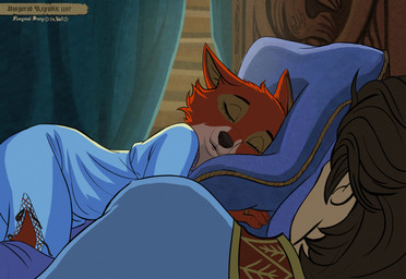 anthro bed bedroom blue_nightgown clothing digit_ring duo eyes_closed female furniture gown inside jewelry male married married_couple married_man married_woman nightgown pillow ring sleeping text wedding_ring sir_paulus disney robin_hood_(disney) maid_marian pavel_(sir_paulus) canid canine canis fox human mammal hi_res