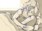 anthro bed cuddling fur furniture grey_body grey_fur male mane fuzziness jim_(itsjimmm) ross_(fuzziness) canid canine canis domestic_dog felid husky lion mammal nordic_sled_dog pantherine spitz