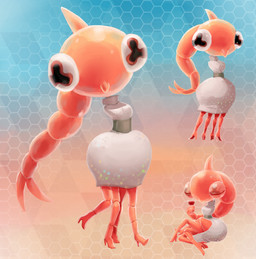 4_legs anthro armwear black_eyes blue_background bottom_heavy clothing crossed_legs dress female grey_clothing grey_dress pattern_background pink_body pupils simple_background sitting solo tan_background unusual_pupils wide_hips outta_sync nintendo splatoon aquatic arthropod crustacean shrimp 2024 hi_res