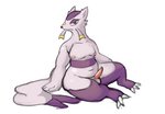 animal_genitalia animal_penis anthro balls belly claws erection fur generation_5_pokemon genitals hi_res male mammal mienshao moobs mustelid nintendo nipples nova_nsfw nude overweight overweight_anthro overweight_male penis pokemon pokemon_(species) purple_body purple_fur simple_background slightly_chubby solo thick_thighs toe_claws whiskers