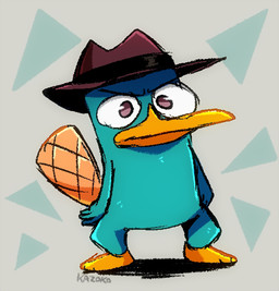 4_fingers anthro beak blue_body blue_fur brown_eyes clothing fedora feet fingers flippers fur hat headgear headwear male orange_beak simple_background solo standing triangle_(shape) conditional_dnp kazoko_(artist) disney phineas_and_ferb perry_the_platypus mammal monotreme platypus hi_res