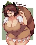 5_fingers big_breasts biped blush breasts brown_body brown_clothing brown_dress brown_ears brown_eyes brown_fur brown_hair brown_tail cleavage clothed clothing curvy_figure dialogue dress eyewear female fingers fluffy fluffy_tail front_view fully_clothed fur glasses glistening glistening_body glistening_breasts glistening_skin green_clothing green_hat green_headwear hair hat headgear headwear huge_breasts humanoid_hands light_body light_skin looking_at_viewer markings mature_female mature_humanoid monotone_hair multicolored_body multicolored_fur multicolored_tail open_mouth open_smile ring_(marking) ringed_tail short_hair simple_background smile solo standing striped_markings striped_tail stripes tail tail_markings text thick_thighs two_tone_body two_tone_fur two_tone_tail voluptuous wide_hips nicecream touhou mamizou_futatsuiwa animal_humanoid canid canid_humanoid canine canine_humanoid humanoid mammal mammal_humanoid tanuki_humanoid absurd_res colored digital_media_(artwork) english_text hi_res portrait shaded three-quarter_portrait