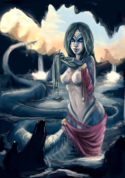 apode bathing breasts cave female green_eyes green_hair hair jewelry legless looking_at_viewer monster_girl_(genre) non-mammal_breasts serpentine solo split_form sunset water wet altaren draconcopode lamia reptile scalie snake hi_res