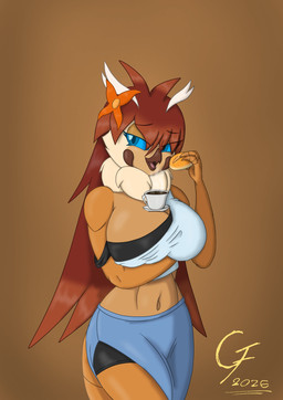 alternate_universe anthro big_breasts biped blue_eyes bread breasts brown_hair clothed clothing coffee_cup container cup eyewear female female_anthro food glasses gradient_background hair keychain navel no_underwear non-mammal_breasts non-mammal_navel object_between_breasts seductive simple_background solo standing text overlord_gabriel godzilla_(series) mothra_(series) toho fan_character godzilla mothra saffira_morath_(oc) arthropod kaiju digital_drawing_(artwork) digital_media_(artwork) hi_res