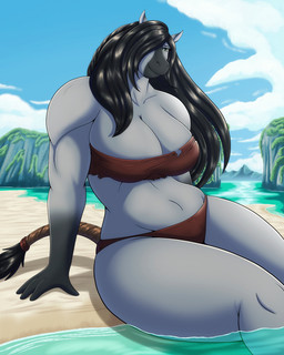 anthro beach bikini breasts clothing cloud female looking_at_viewer sand sitting sky smile solo swimwear two-piece_swimsuit robthehoopedchipmunk oliana_(rthc) equid equine horse mammal hi_res
