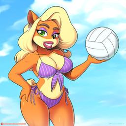 anthro ball bikini black_nose blonde_hair blue_eyes breasts clothed clothing cloud colored_nails ear_piercing ear_ring eyelashes eyeshadow female hair hand_on_hip holding_ball holding_object hoop_ear_ring lipstick long_hair looking_at_viewer makeup nails piercing ring_piercing sky smile solo swimwear two-piece_swimsuit volleyball_(ball) omegasunburst activision crash_bandicoot_(series) tawna_bandicoot bandicoot mammal marsupial 1:1 2023 absurd_res hi_res