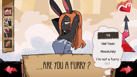 :< anthro bathing biped black_body black_ears black_fur breasts cake cleavage clothed clothing cookie dessert dialogue dialogue_box eyelashes fake_ears fake_rabbit_ears female food fur game_screen gameplay_mechanics gui hair hair_over_eye half-closed_eyes hands_behind_head heart_symbol long_ears long_hair looking_at_viewer medium_breasts meter monotone_body monotone_fur monotone_hair narrowed_eyes one_eye_obstructed orange_hair pink_inner_ear ponytail pupils raised_arms solo standing steam text thought_bubble three-quarter_view towel towel_only wet yellow_eyes niking mage_bun_(niking) lagomorph leporid mammal rabbit 16:9 colored digital_media_(artwork) english_text half-length_portrait portrait shaded widescreen