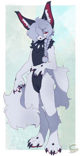 ambiguous_gender anthro black_body black_claws black_fur black_nose braided_hair claws finger_claws fluffy fluffy_tail fur hair one_eye_obstructed pawpads red_eyes red_pawpads simple_background solo tail toe_claws white_body white_fur white_hair mochiri canid canine fox mammal absurd_res hi_res