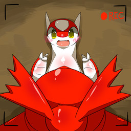 ambiguous_gender blush camera_view feral looking_at_viewer open_mouth recording solo yellow_eyes ravinosuke1 nintendo pokemon generation_3_pokemon latias legendary_pokemon pokemon_(species) 1:1 hi_res