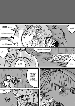 bulge dialogue hairy male muscular nipples sleeping snoring text husky92 european_mythology greek_mythology mythology bovid bovine humanoid mammal minotaur orc comic english_text greyscale hi_res monochrome multiple_scenes
